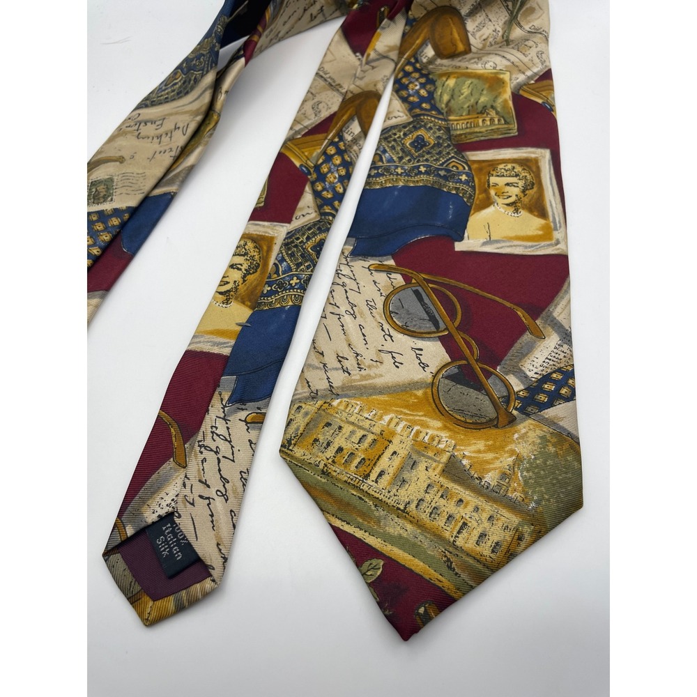Mario Valentino Italian Silk Tie Vintage Travel Ephemera Script Burgundy Navy